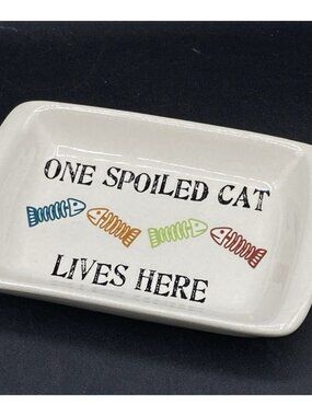PETRAGEOUS White Ceramic Rectangular Cat Bowl Dish "One Spoiled Cat Lives Here"